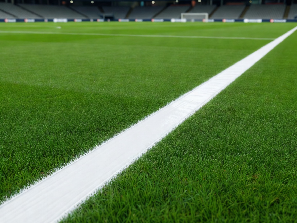 A close up view of the painted white line on a pristine football pitch for the Uruguay vs Spain match