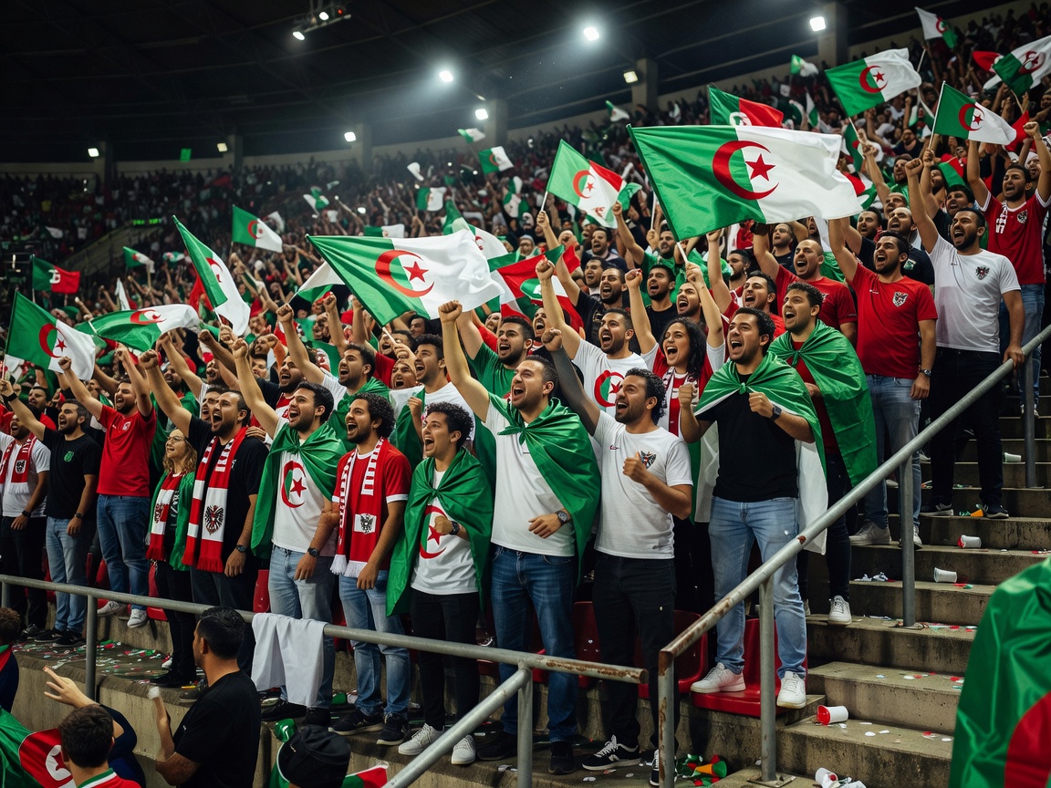 A roaring crowd in the stands cheering during the Algeria vs Austria clash
