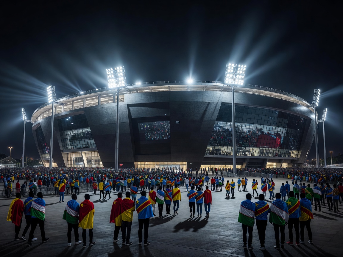 An illuminated football stadium exterior at night setting the stage for DR Congo vs Uzbekistan