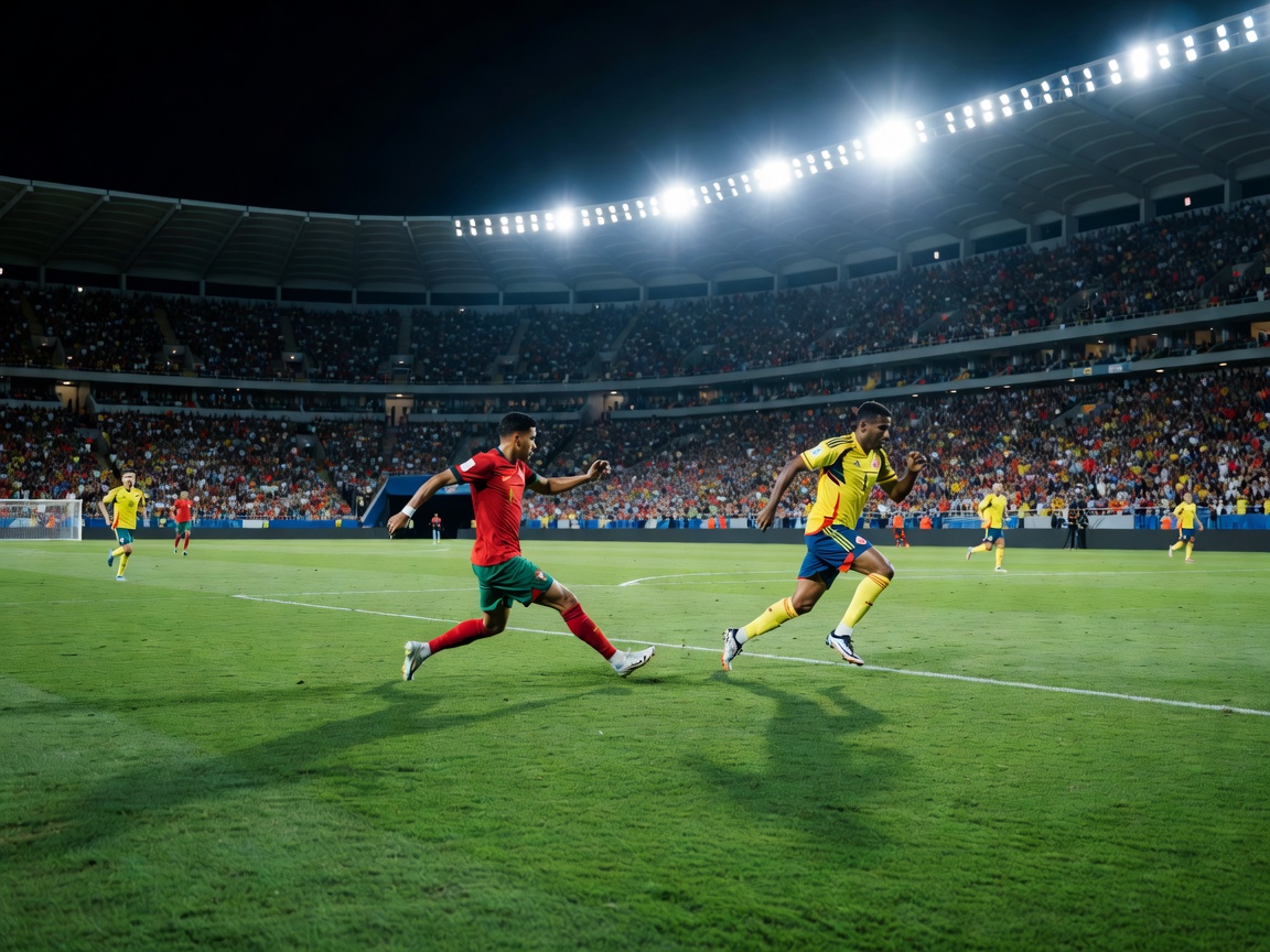 Bright stadium floodlights shining down on the pitch for Colombia vs Portugal