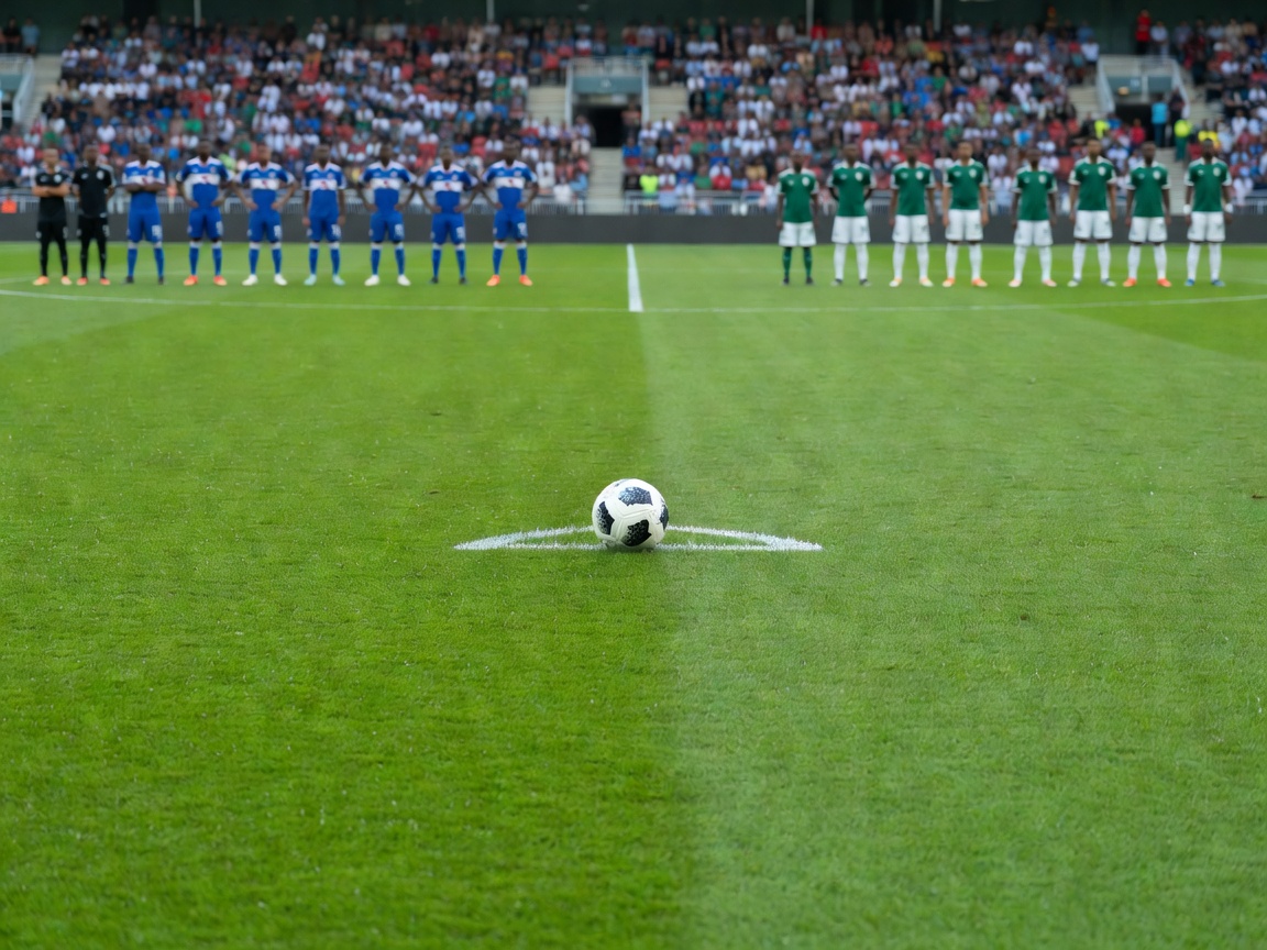 Football resting on the grass pitch prior to kickoff between Cabo Verde and Saudi Arabia
